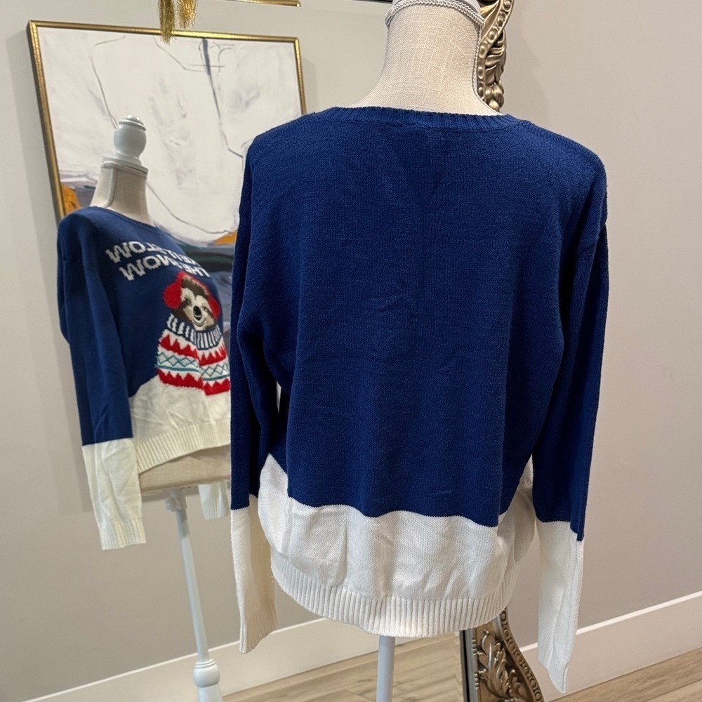 H&M Navy and White Sweater with sloth Motif - Picture 3 of 5